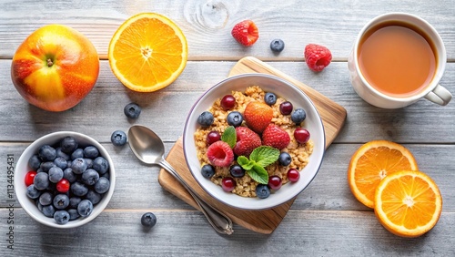 A healthy and delicious breakfast of oatmeal with fresh berries and citrus fruits