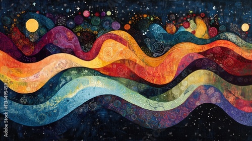 Vibrant cosmic waves dance through a starry night filled with colorful celestial bodies and swirling patterns
