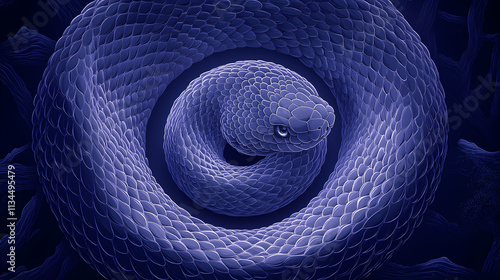 A coiled indigo snake, scales detailed, in a dark forest setting. photo