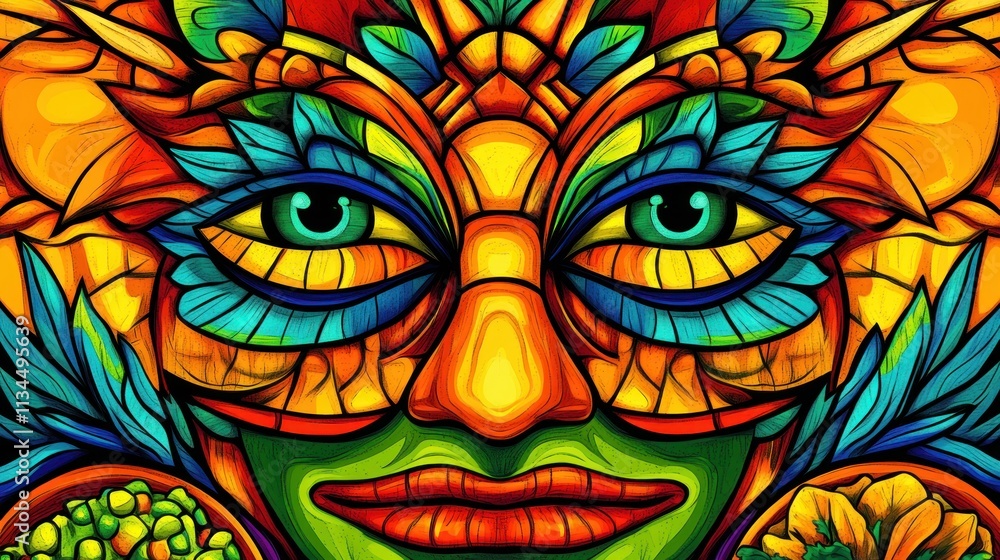 Vibrant, ornate masquerade mask with green skin, blue eyes, and colorful feather details. Vibrant, ornate masquerade mask with green skin, blue eyes, and colorful feather details.
