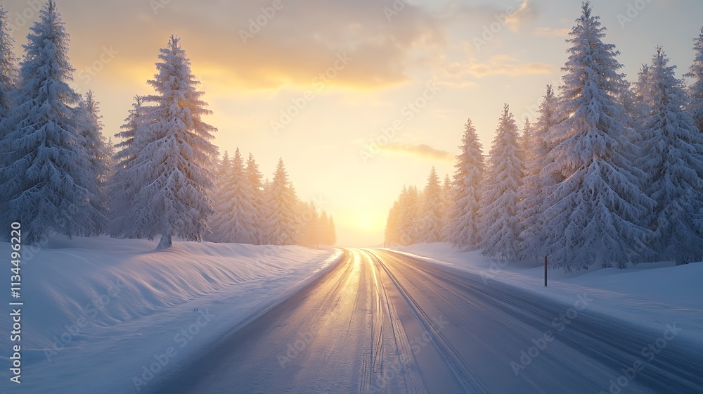 Snowy,road,lined,with,frost-covered,pine,trees,glowing,under,golden,sunrise,leading,to,2025, Snowy,road,lined,with,frost-covered,pine,trees,glowing,under,golden,sunrise,leading,to,2025,
