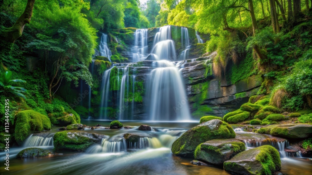 A stunning waterfall cascading down rocks in a lush green forest setting, nature, water, cascade, flow, rocks, spray A stunning waterfall cascading down rocks in a lush green forest setting, nature, water, cascade, flow, rocks, spray