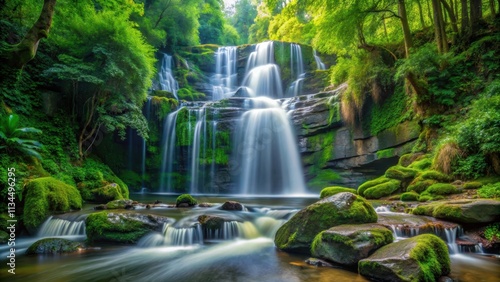 A stunning waterfall cascading down rocks in a lush green forest setting, nature, water, cascade, flow, rocks, spray