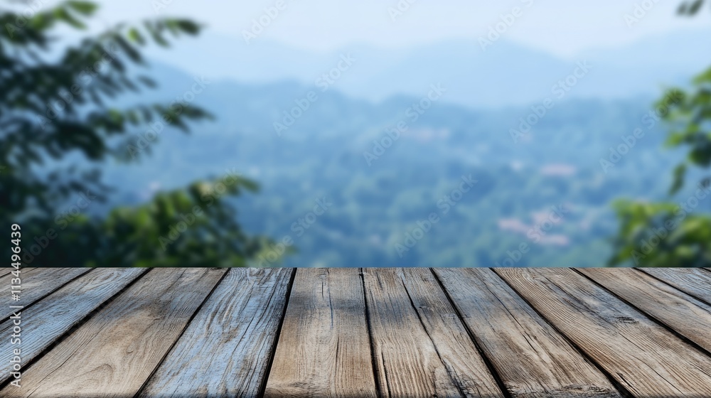 A close-up of an aged wooden floor with a stunning backdrop of towering mountains and rolling hills. A close-up of an aged wooden floor with a stunning backdrop of towering mountains and rolling hills.