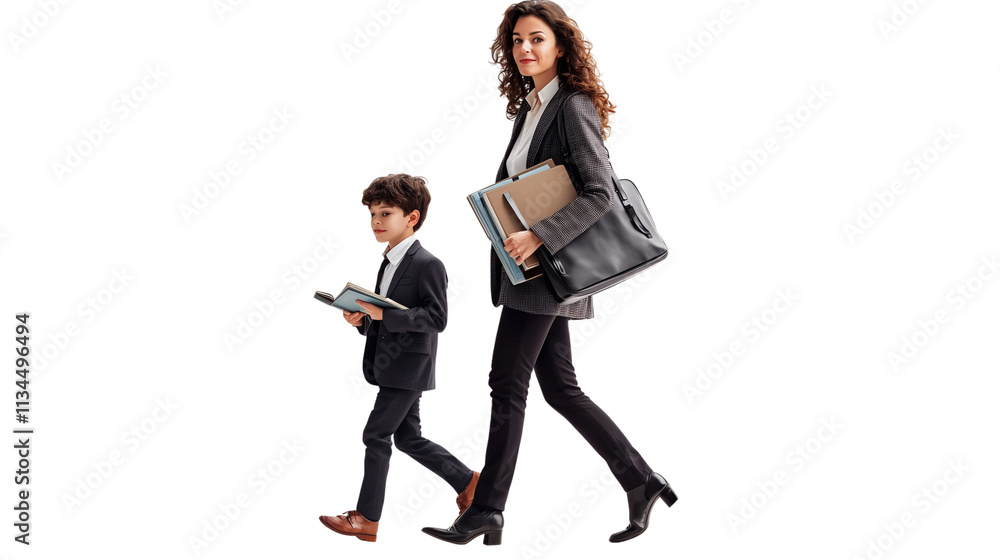 A mother and son are walking to school, the boy is holding a book, the woman is smartly dressed in business attire, on a transparent backgrounds A mother and son are walking to school, the boy is holding a book, the woman is smartly dressed in business attire, on a transparent backgrounds