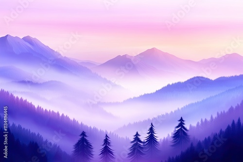 Serene landscape with soft blue fog enveloping rolling hills during sunrise, complemented by a lavender sky and distant mountains photo