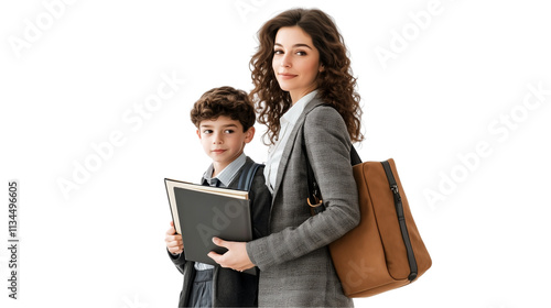 A mother and son are walking to school, the boy is holding a book, the woman is smartly dressed in business attire, on a transparent backgrounds photo