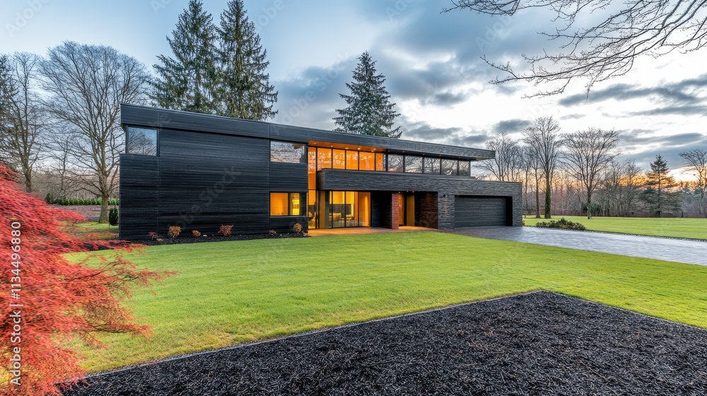 A contemporary residence with clean architectural lines, a manicured lawn, and soft lighting enhancing the evening view. A contemporary residence with clean architectural lines, a manicured lawn, and soft lighting enhancing the evening view.