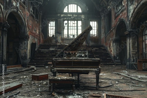 Neglected music hall with broken piano amid decaying architecture and eerie ambiance