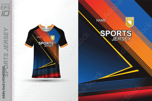 Modern ready-to-print jersey design with dynamic lines and vibrant colors. Perfect for football, basketball, cycling, or sportswear. High-quality, customizable vector file for instant printing.