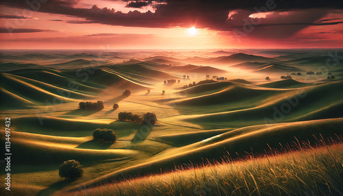 Peaceful countryside view featuring flowing hills bathed in soft sunset light and vibrant colors. photo