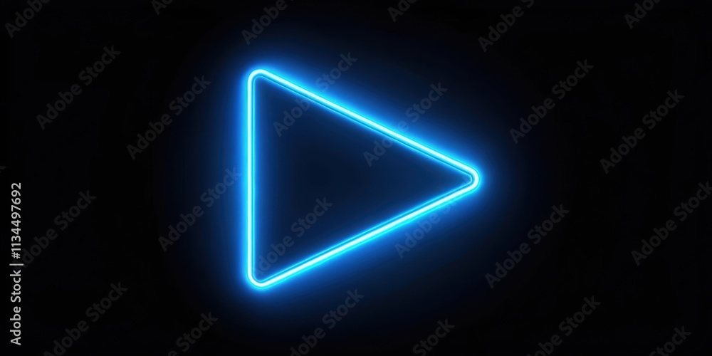 Glowing neon blue play button with triangle arrow start button on black background, Neon, glowing, blue, color, play Glowing neon blue play button with triangle arrow start button on black background, Neon, glowing, blue, color, play