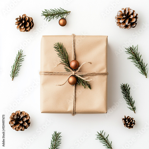 christmas present with fir branches and cones