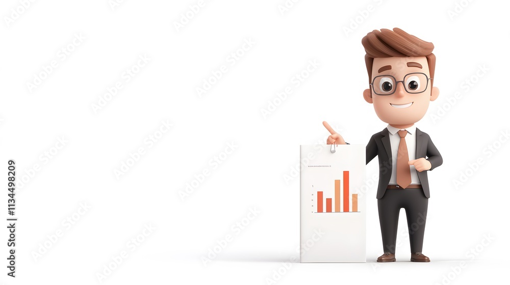 Team leader in 3D cartoon style pointing at a chart, wearing a suit and tie, isolated on white Team leader in 3D cartoon style pointing at a chart, wearing a suit and tie, isolated on white