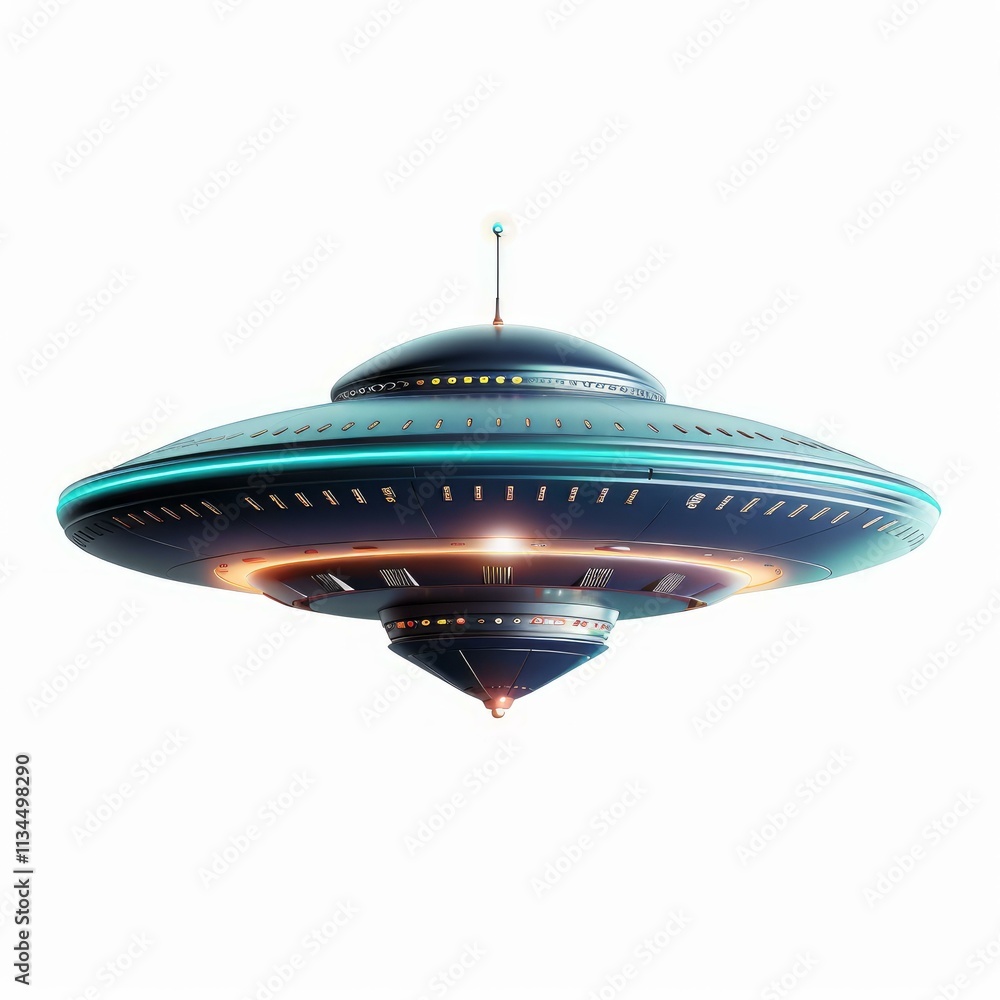 Futuristic unidentified flying object hovering with glowing lights, isolated on white background Futuristic unidentified flying object hovering with glowing lights, isolated on white background
