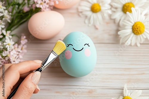 A hand holding a paintbrush is painting a cute cartoon face on an Easter egg photo