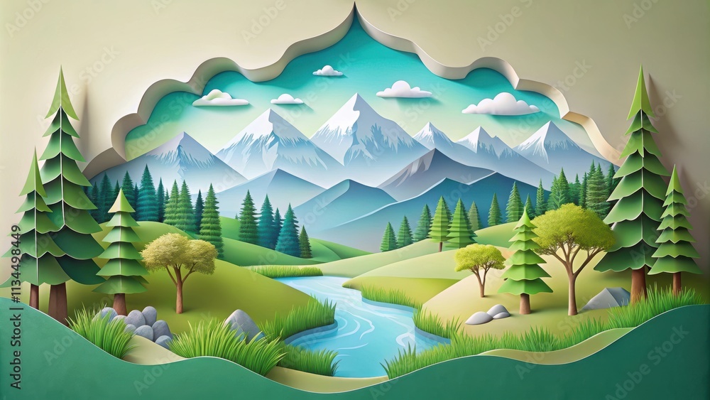 Serene views of nature landscapes depicted in origami cutout paper style, origami, paper, cutout, landscape, nature Serene views of nature landscapes depicted in origami cutout paper style, origami, paper, cutout, landscape, nature