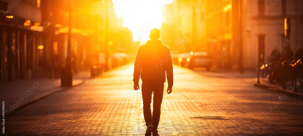 Silhouette of a Man Walking Towards the Sunset on a City Street Silhouette of a Man Walking Towards the Sunset on a City Street