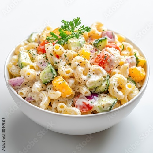 A bowl of pasta salad with colorful vegetables and creamy dressing.