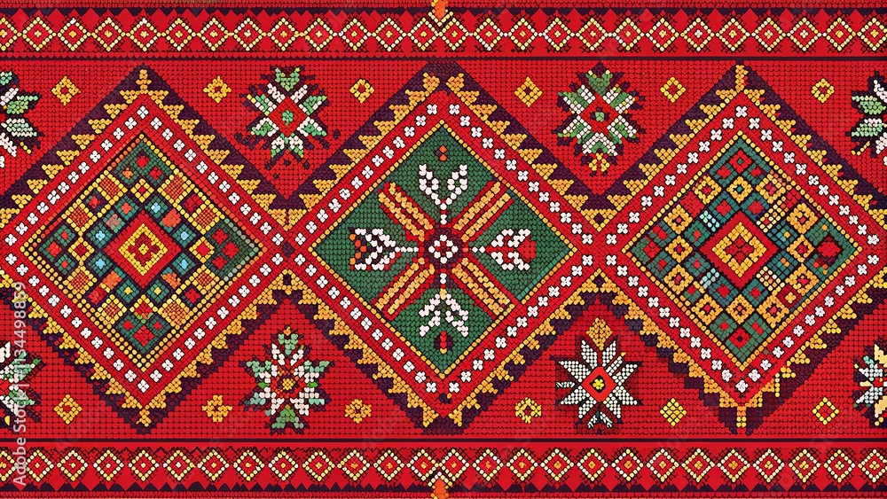 Vibrant Traditional Textile Design Featuring Geometric Patterns and Floral Motifs Vibrant Traditional Textile Design Featuring Geometric Patterns and Floral Motifs