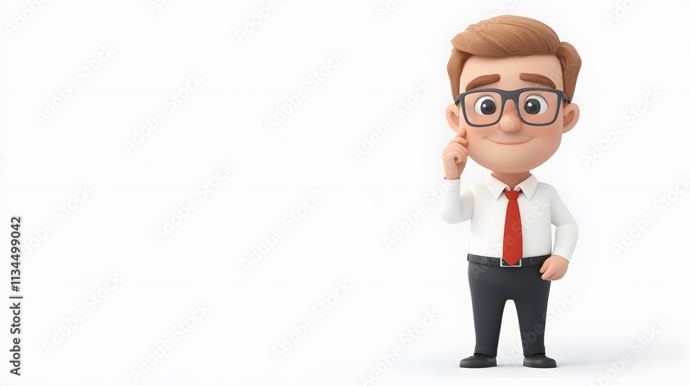 Professional worker with a tie adjusting glasses, confident demeanor, rendered in 3D cartoon style, isolated on white Professional worker with a tie adjusting glasses, confident demeanor, rendered in 3D cartoon style, isolated on white