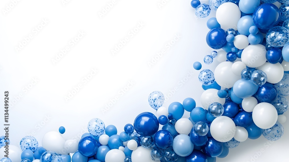 Modern and stylish balloon arch in blue and white, with a white background, perfect for event promotions Modern and stylish balloon arch in blue and white, with a white background, perfect for event promotions