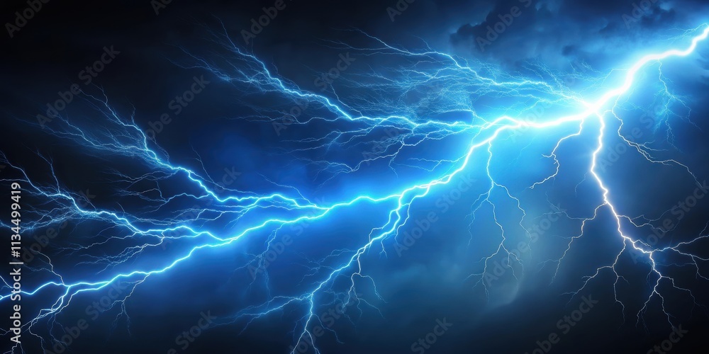 Obraz premium Blue lightning, thunderstorm isolated on background, storm, weather, electric, power, energy, nature, dramatic