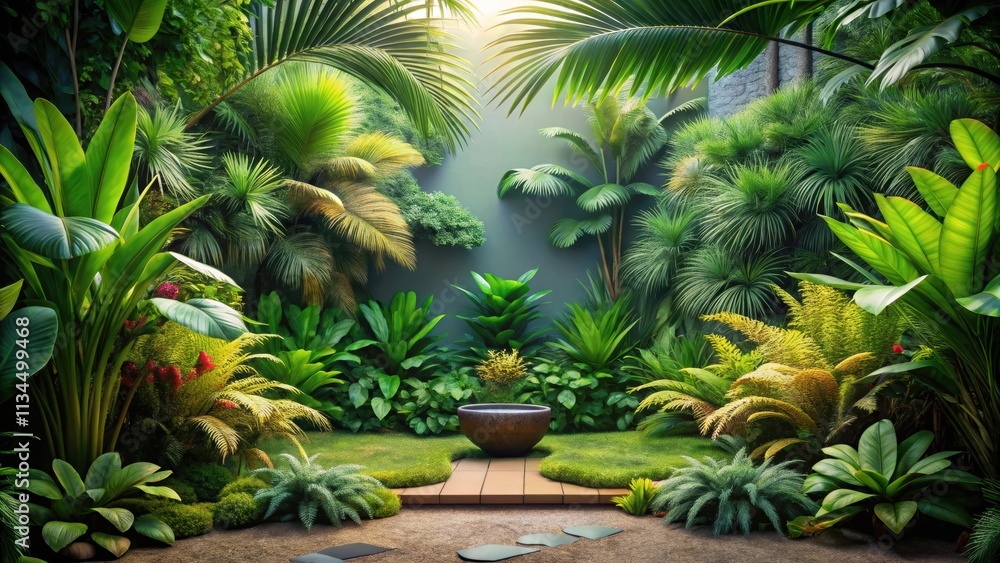 render of a small tropical garden with lush plants on background, render, small garden, tropical plants, background, nature render of a small tropical garden with lush plants on background, render, small garden, tropical plants, background, nature