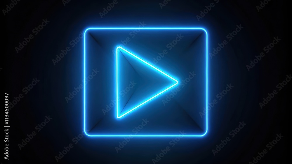Neon glowing blue play button on black background with triangle arrow start button, Glowing, blue Neon glowing blue play button on black background with triangle arrow start button, Glowing, blue