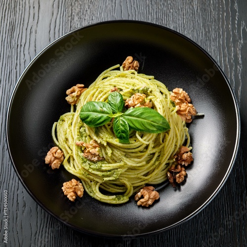 spaghetti al pesto, in a black dish, AI generated photo