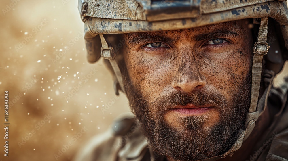 A close-up of a rugged soldier with a dirt-covered face, conveying strength and resilience. A close-up of a rugged soldier with a dirt-covered face, conveying strength and resilience.
