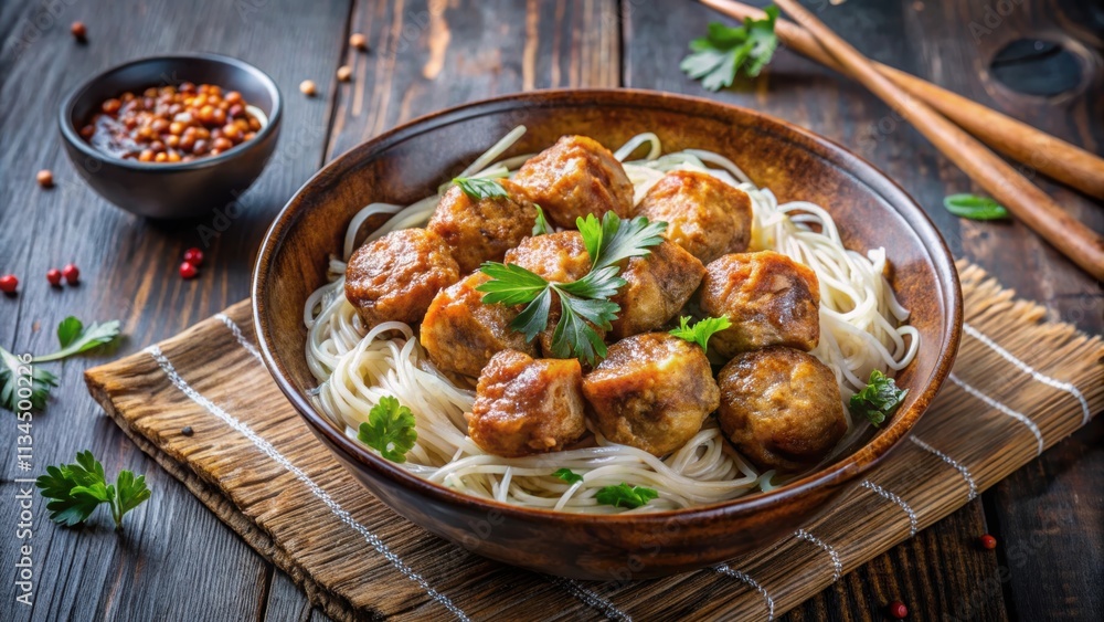 A delicious bowl of meatballs and fried tofu with clear sauce and vermicelli noodles, meatballs A delicious bowl of meatballs and fried tofu with clear sauce and vermicelli noodles, meatballs