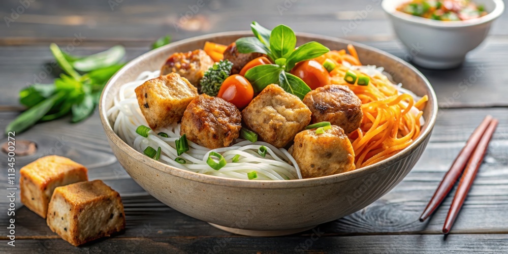 Meatball and fried tofu bowl with clear sauce, vermicelli noodles, meatballs, fried tofu Meatball and fried tofu bowl with clear sauce, vermicelli noodles, meatballs, fried tofu