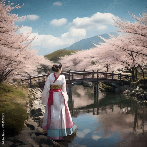 lady wearing kimono wandering in nature