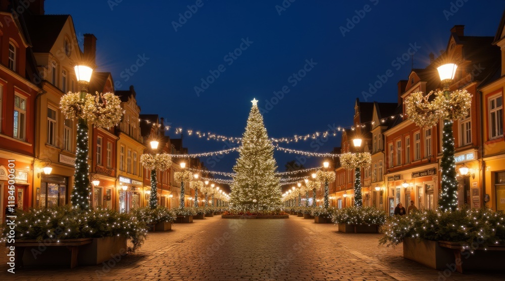 Naklejka premium Christmas Lights Illuminate City Street