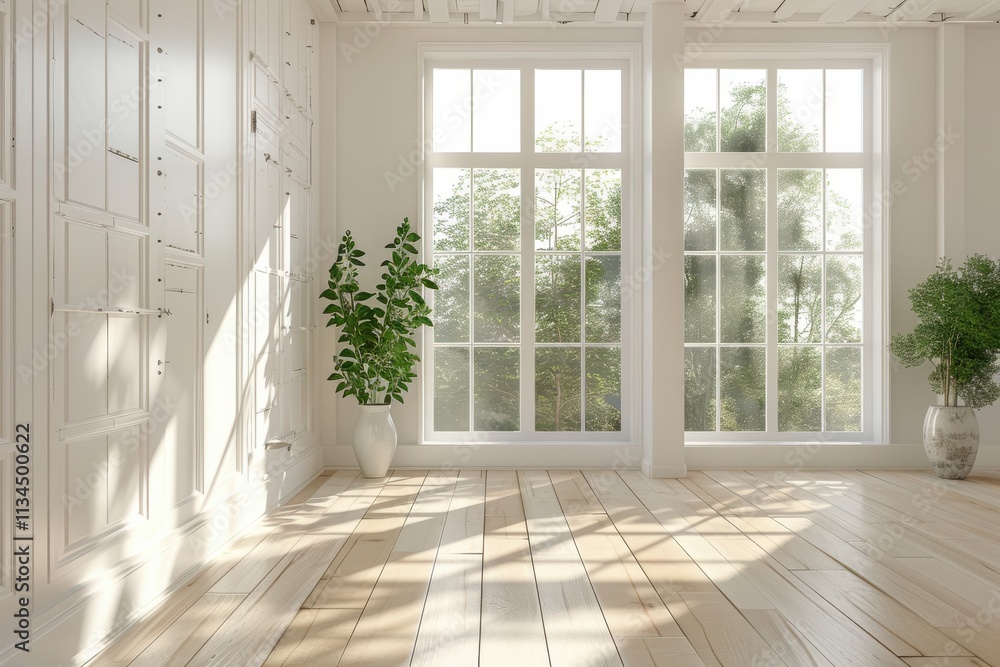 Bright Sunlit Room With Large Windows, Plants, and Wooden Flooring in a Modern Home Bright Sunlit Room With Large Windows, Plants, and Wooden Flooring in a Modern Home