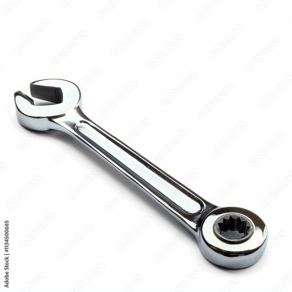 Shiny chrome ratcheting combination wrench lying on a white background, representing concepts of repair, maintenance and diy projects Shiny chrome ratcheting combination wrench lying on a white background, representing concepts of repair, maintenance and diy projects