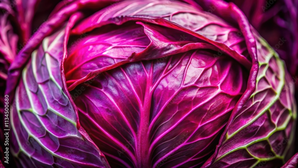 Fototapeta premium Vibrant close up of a red cabbage , fresh, organic, vegetable, vibrant, texture, close-up, healthy, colorful, natural