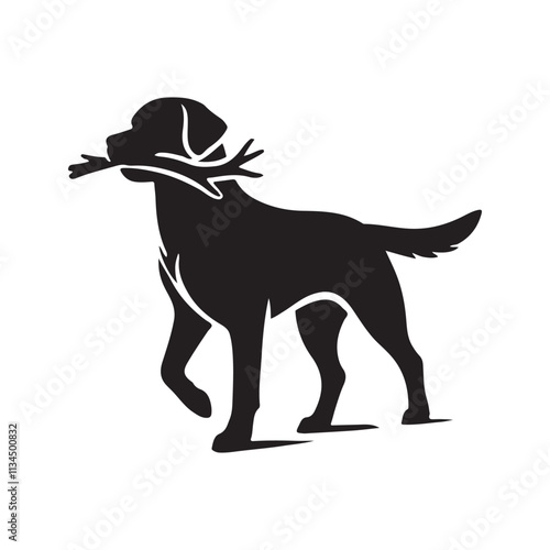  silhouette of a Labrador Retriever in a striking pose, such as Carrying a stick in its mouth attentively