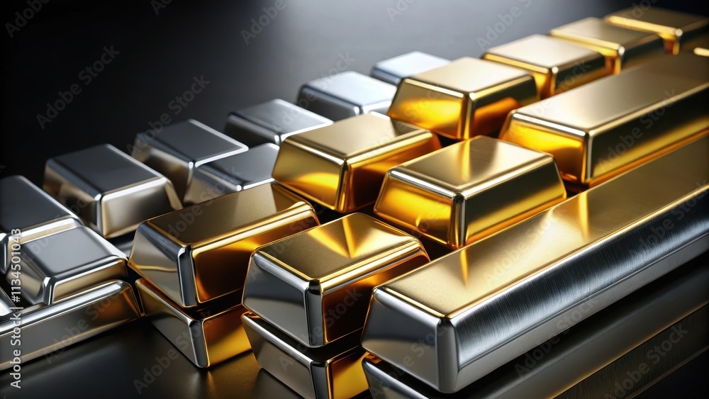 Shiny gold and silver bars on black background, wealth, investment, precious metals, finance, savings, luxury, bullion Shiny gold and silver bars on black background, wealth, investment, precious metals, finance, savings, luxury, bullion