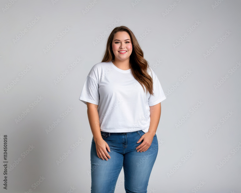 Plus size young woman wearing white oversized t-shirt and jeans isolated on grey background Plus size young woman wearing white oversized t-shirt and jeans isolated on grey background