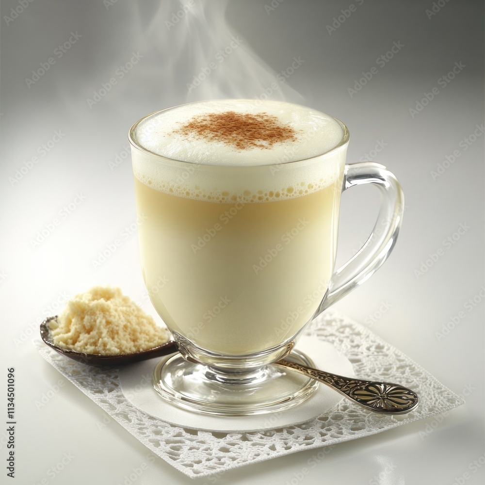 A steaming cup of creamy beverage topped with a sprinkle of spice, served with a side of sweet. A steaming cup of creamy beverage topped with a sprinkle of spice, served with a side of sweet.