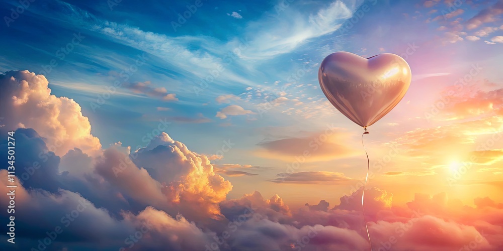 Fototapeta premium Heart-shaped balloon ascends into a vibrant sunset sky filled with fluffy clouds