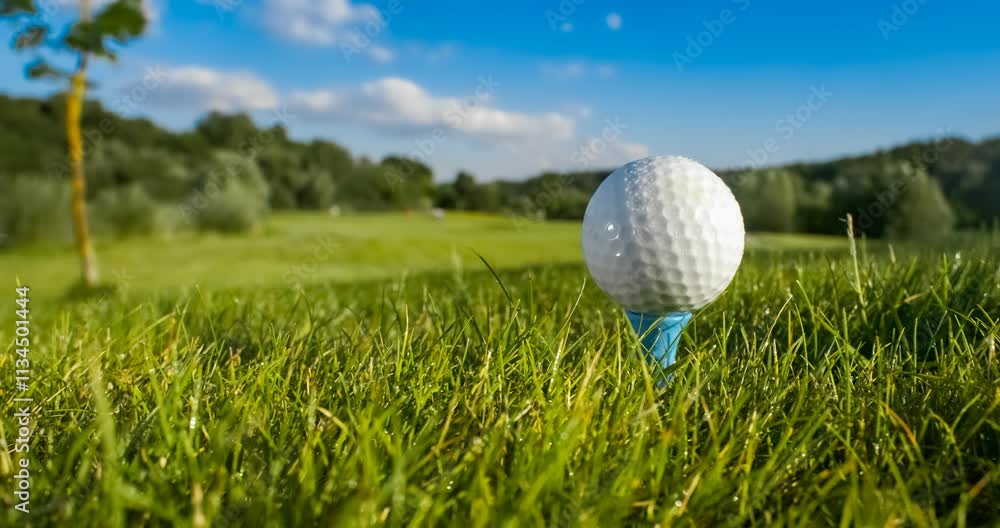Golf club hits a golf ball in a super slow motion. Drops of morning dew and grass particles rise into the air after the impact. Golf club hits a golf ball in a super slow motion. Drops of morning dew and grass particles rise into the air after the impact.