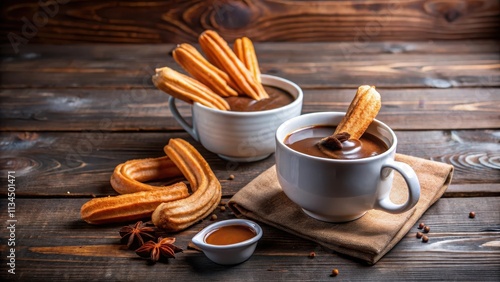 Delicious hot chocolate and churros, the perfect sweet indulgence , hot chocolate, whipped cream, glass mug, churros