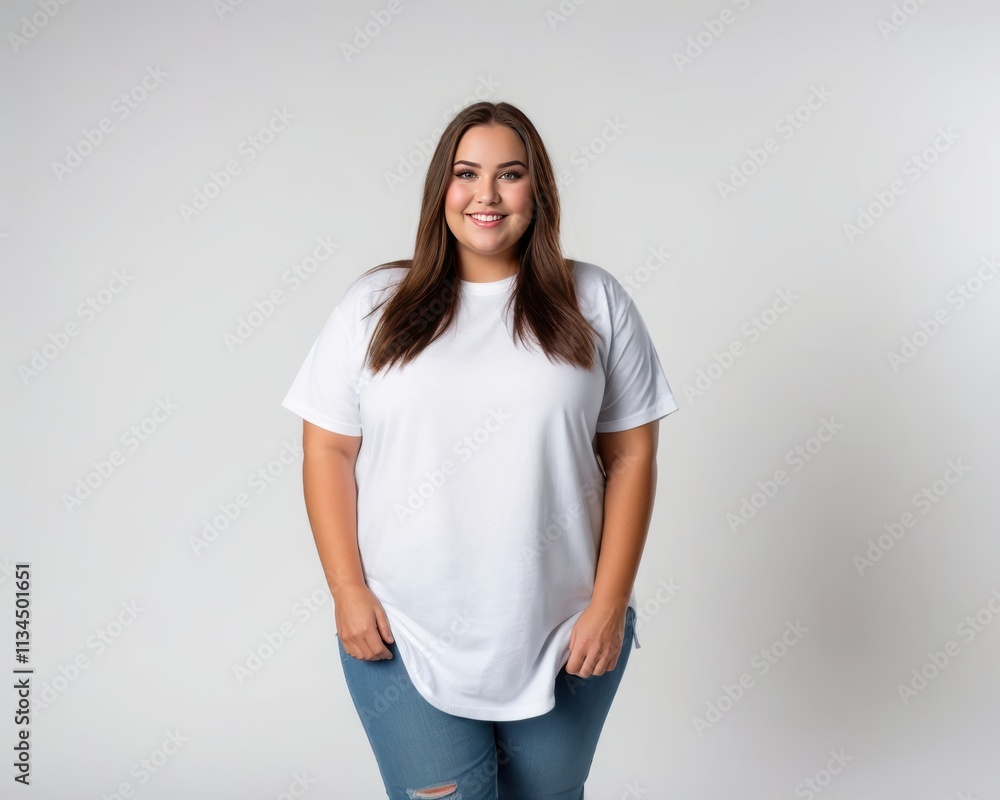 Plus size young woman wearing white oversized t-shirt and jeans isolated on grey background Plus size young woman wearing white oversized t-shirt and jeans isolated on grey background