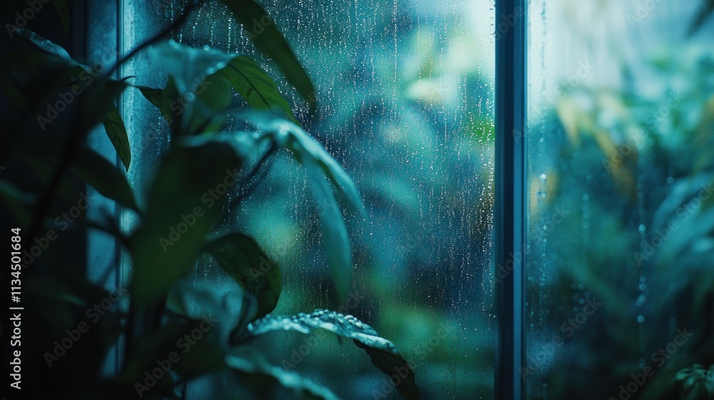 Obraz premium Rainy window view of lush greenery.