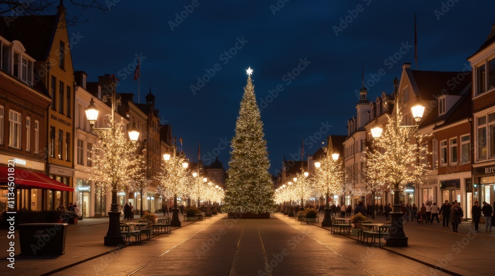 Naklejka premium Christmas Lights Illuminating a City Street