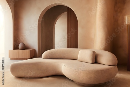 Contemporary smooth japandi style living room interior, curved sofa, beige stone walls, cave house rounded architecture.  photo