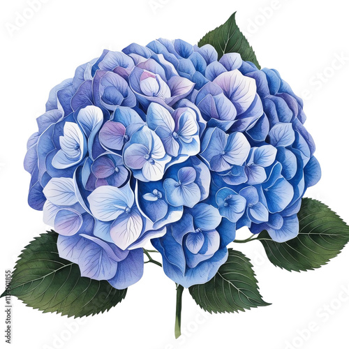 Vibrant blue hydrangea bloom with lush leaves.